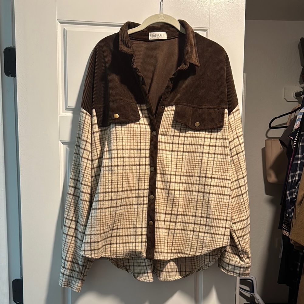Brown and Cream Plaid Button-Up Shirt
